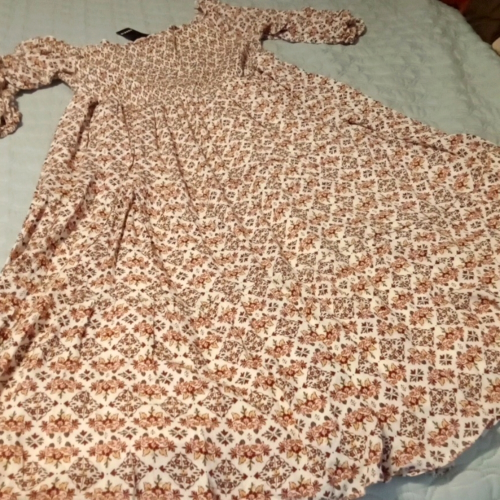torrid Smocked Floral Midi Dress in Cream and Brown